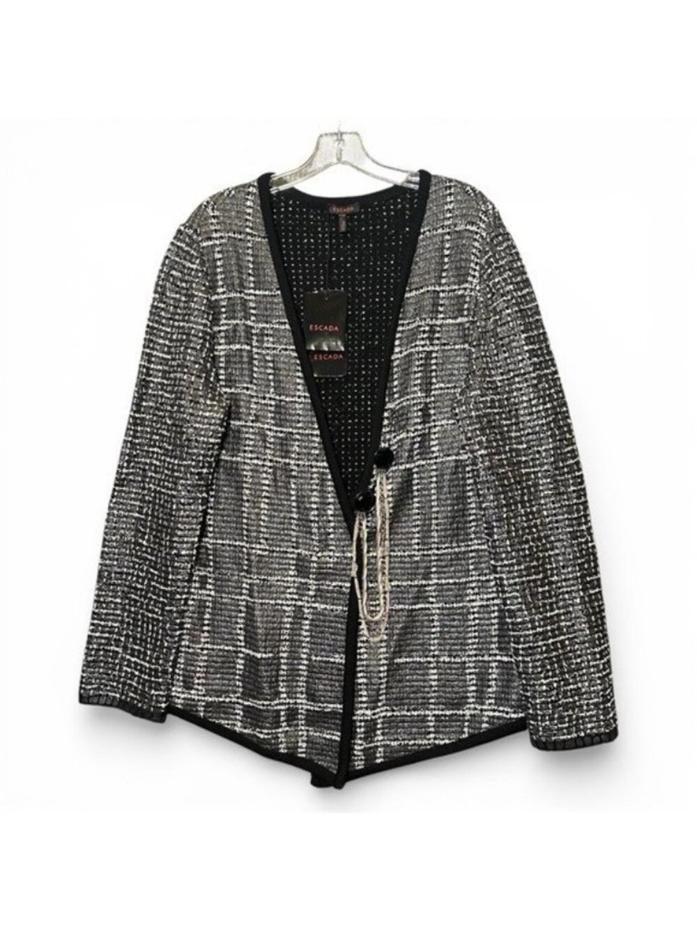 Escada 46 Cardigan Sweater Jacket Wool Tweed Boucle Knit Gray Black Old Money
